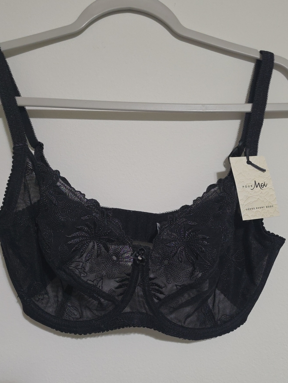 NWT Pour Moi Black Lace Mesh Underwire Plunge Bra 34 F
